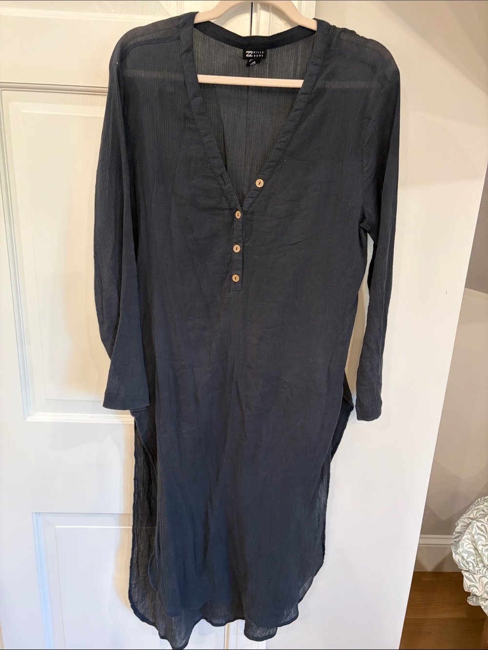 Long Black Button-Front Gauzy Tunic Cover Up